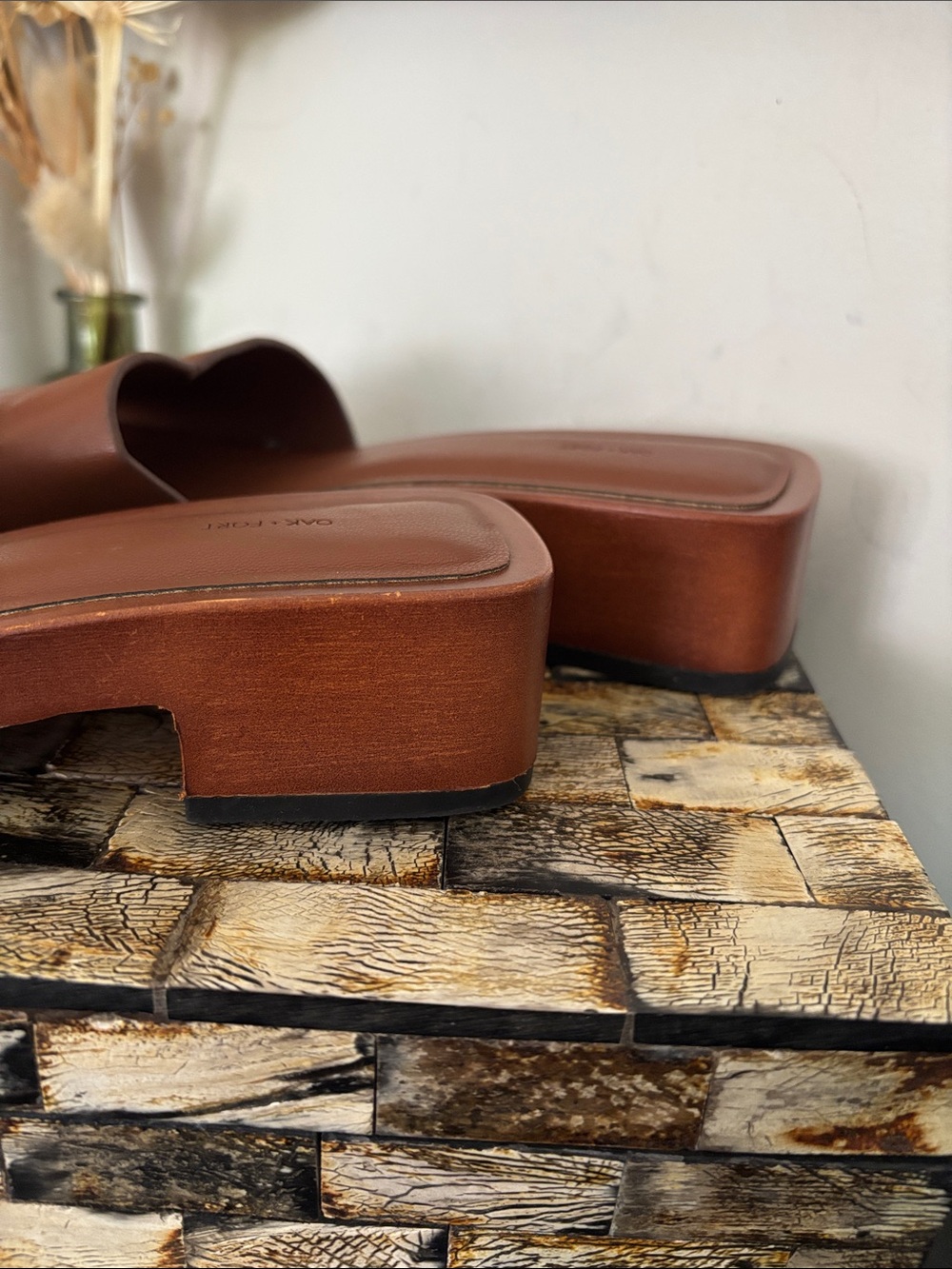 OAK + FORT (6) Square Toe Clog Wooden Mules Low Heel Metal Rivets Sandals Russet - Picture 6 of 16